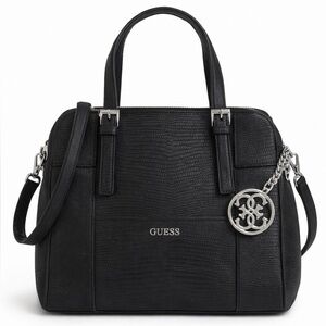 GUESS Black Textured Satchel Bag Silver Charm Structured Purse